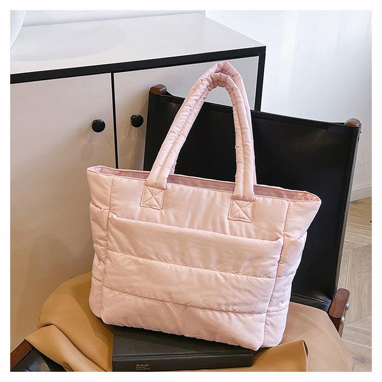 Cozy Blush Pink Cloud Tote Bag, Lightweight Quilted Padded Shoulder Handbag With Soft Fabric, Spacious Compartment For Everyday Use, Work Commute, Weekend Trips And Travel Essentials
