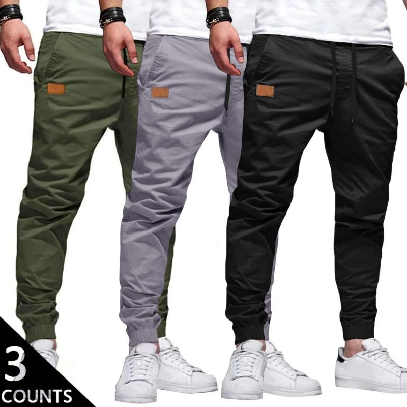 Men's 3-Pack Casual Jogger Pants - Khaki, Grey & Black Colors - Elastic Waist with Drawstring, Ribbed Cuffs, PU Patch Detail - Lightweight 100% Polyester Fabric - Perfect for Streetwear, Travel, Daily Wear - S-3XL Sizes