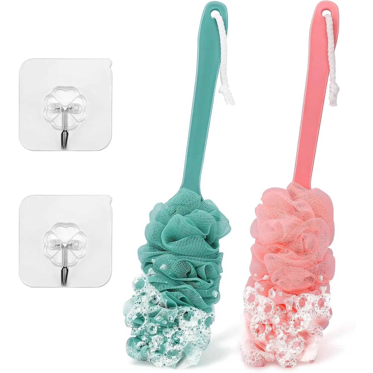 Women's 2-Pack Plastic Long-Handle Hangable Shower Back Scrubber Loofah (17in), Wall-Hanging Bath Body Brush with Soap Compatibility, Exfoliating Sponge Bathing Accessory, Ideal Cleaning Gift (Pink & Green)
