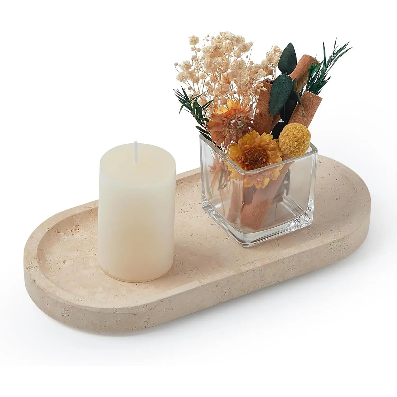 Travertine Tray, Marble Tray for Bathroom countertop,Non-Ceramic/Non-,Stone for Storing Perfume,  and  9.8 * 4.7inch (Travertine)