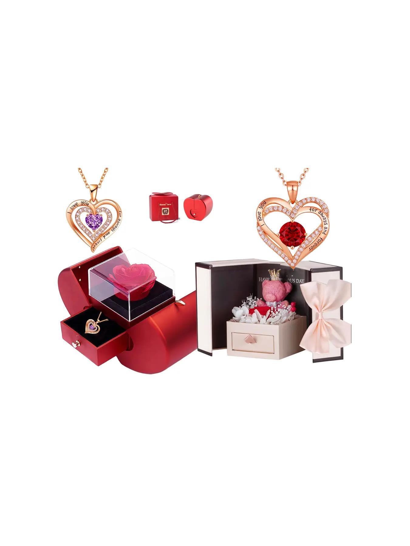 Mother's Day Rhinestone Heart Pendant Necklace Gift for Women, 'I Love You' Engraved Dainty Summer Jewelry with Flower and Gift Box