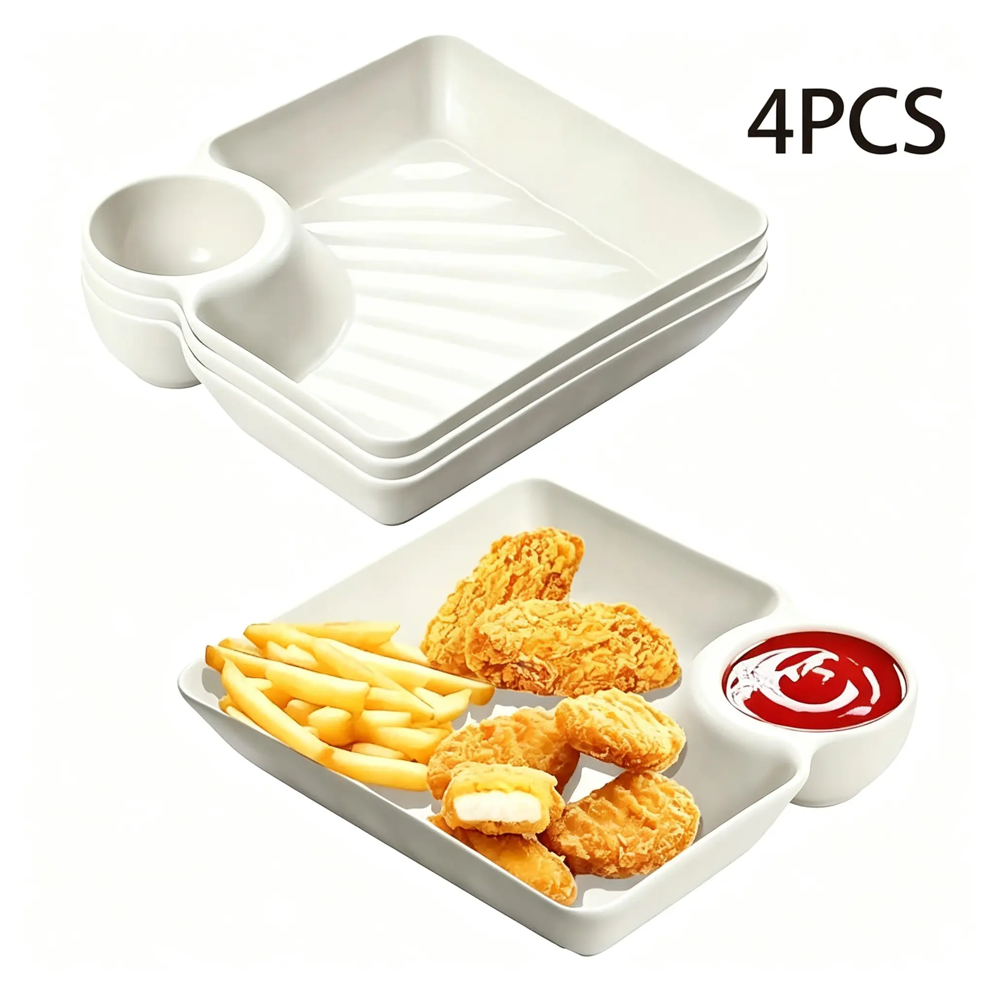 4 Piece Plastic Dinner Set, Dipping Compartment Design, Salad Plates, Home Dining Tray, Ideal for Fries, Sushi, Appetizers, Party Platters