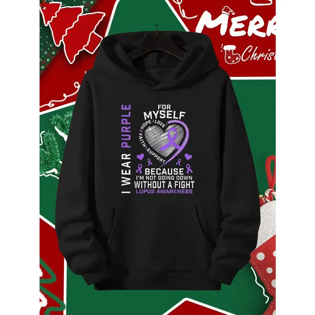 Lupus Awareness I Wear Purple Heart Purple Ribbon Graphic Oversized Hoodie, Cute Fashion Cotton Outfit, Best Holiday Gift for Him Her Family Friends Lovers, Comfort Casual Pullover Hooded Sweatshirt