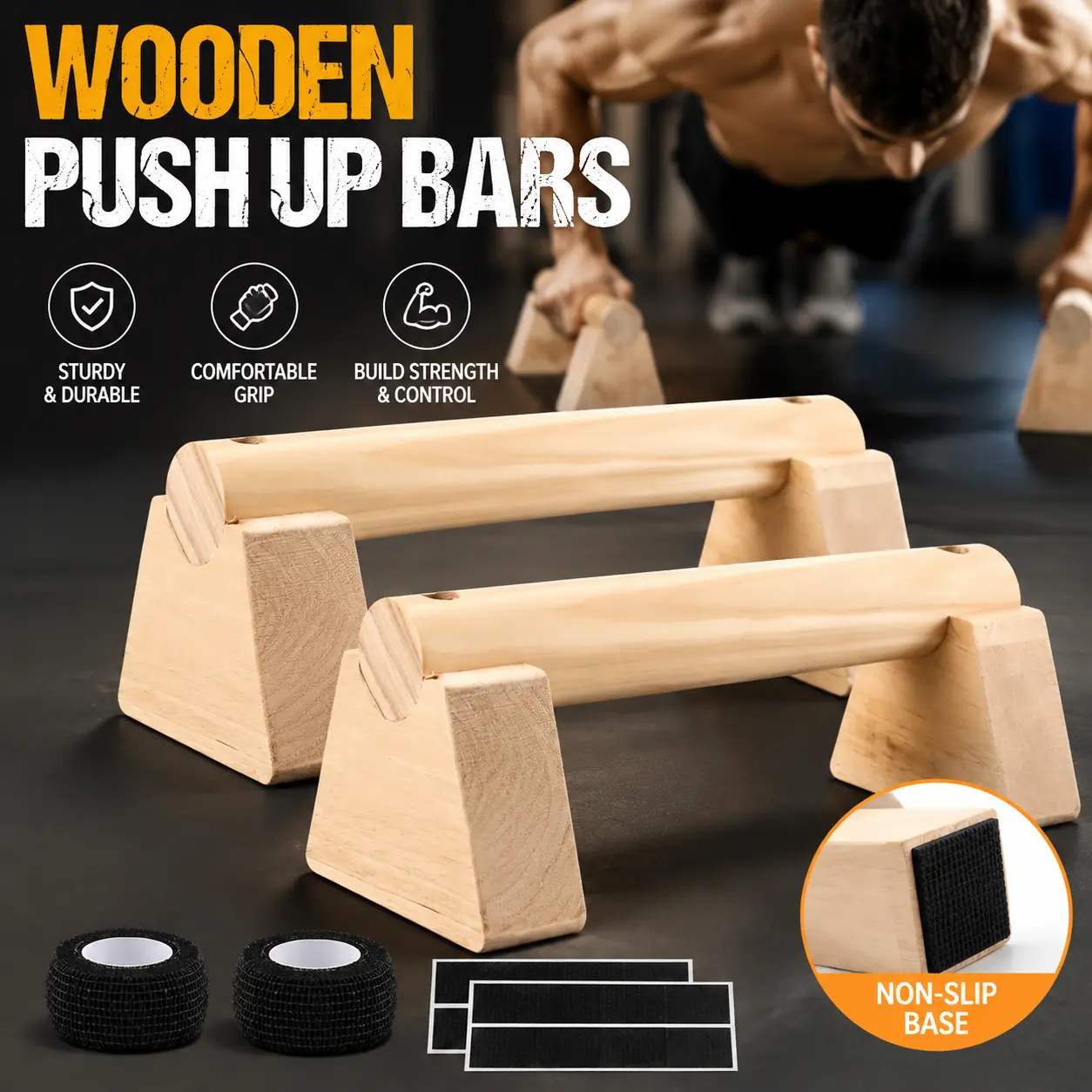 Set of 2 Wooden Push-Up Bars with Non-Slip Base, Calisthenics Parallettes for Home Strength Training, Handstands, Set Of Two