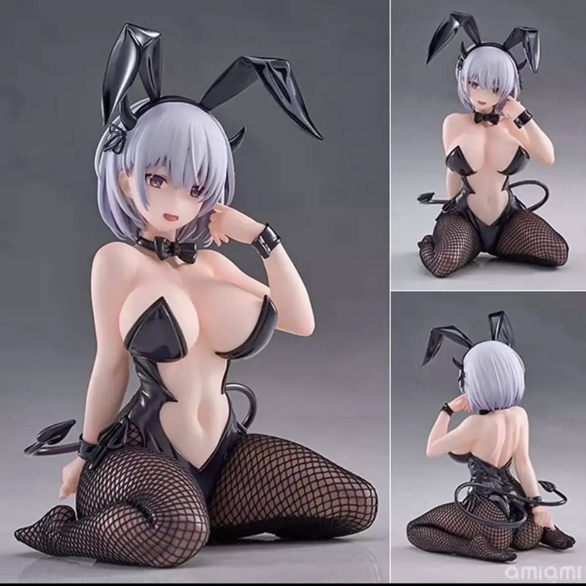 Lume Bunny Girl Kneeling Figure, 15cm Tall, Gradient Silver Hair, Net Socks, Leather Ears, Plush Base, Desktop Anime Decor