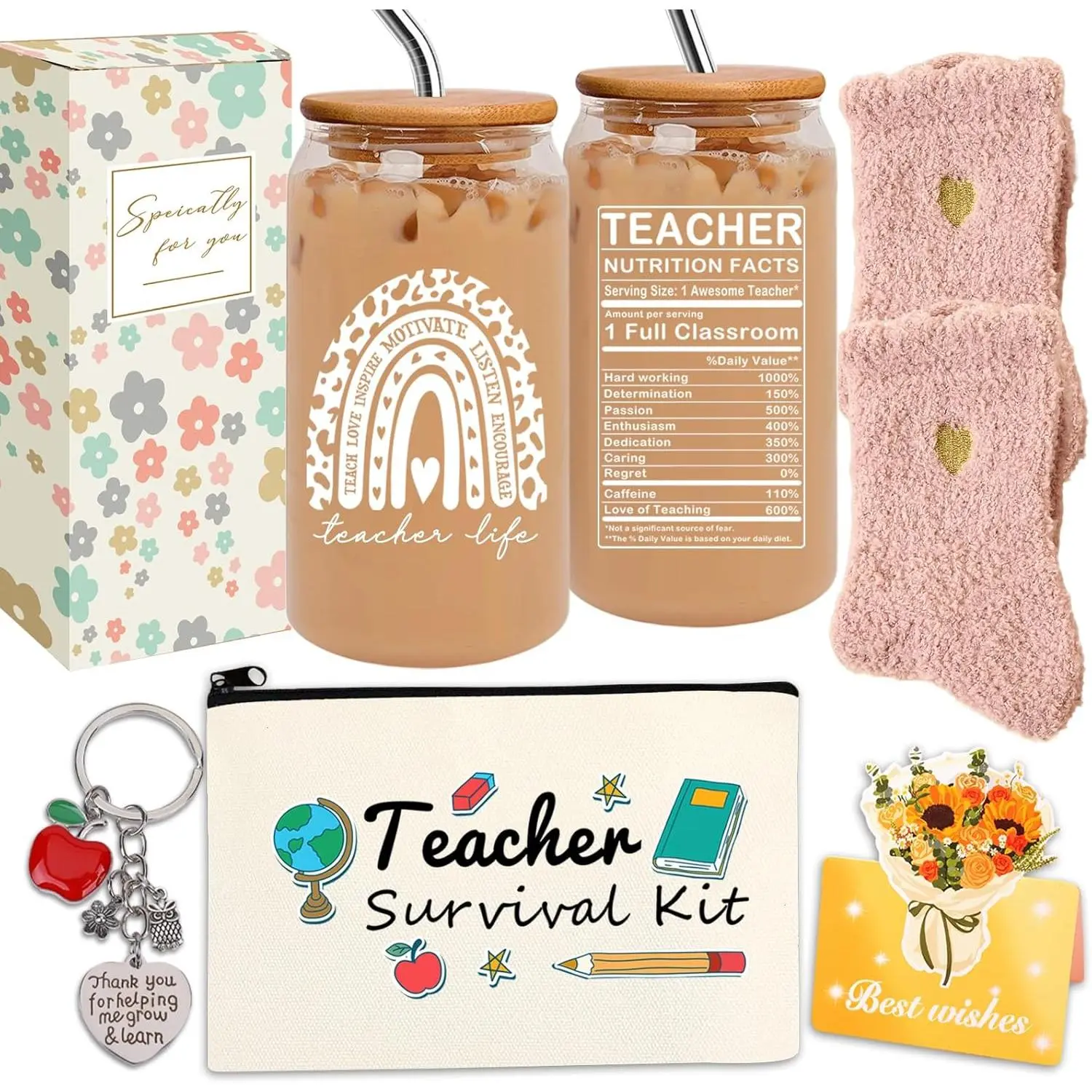 8 PCS Teacher Appreciation Gift Set, Teacher Survival Kit with Glass Cup, Bamboo Lid, Fuzzy Socks & Pouch Bag, Thank You Gift for Women (Best Teacher Ever-g05)