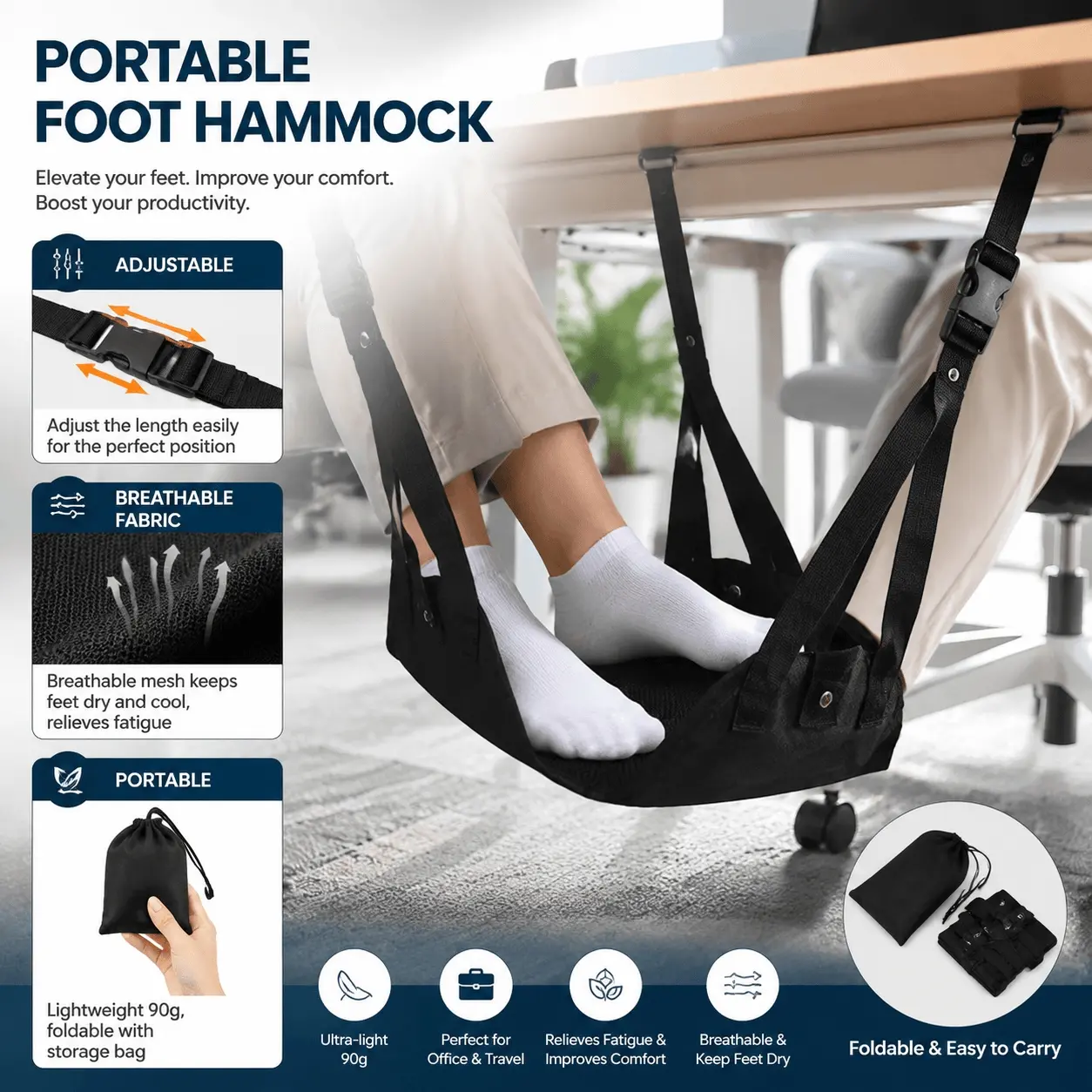 Adjustable Car Foot Rest Stool for Office Home, Portable Anti-Slip Foldable Fabric Cool Footstool Indoor Outdoor Use, Universal Foot Support for Cars SUV Travel Comfort Fatigue