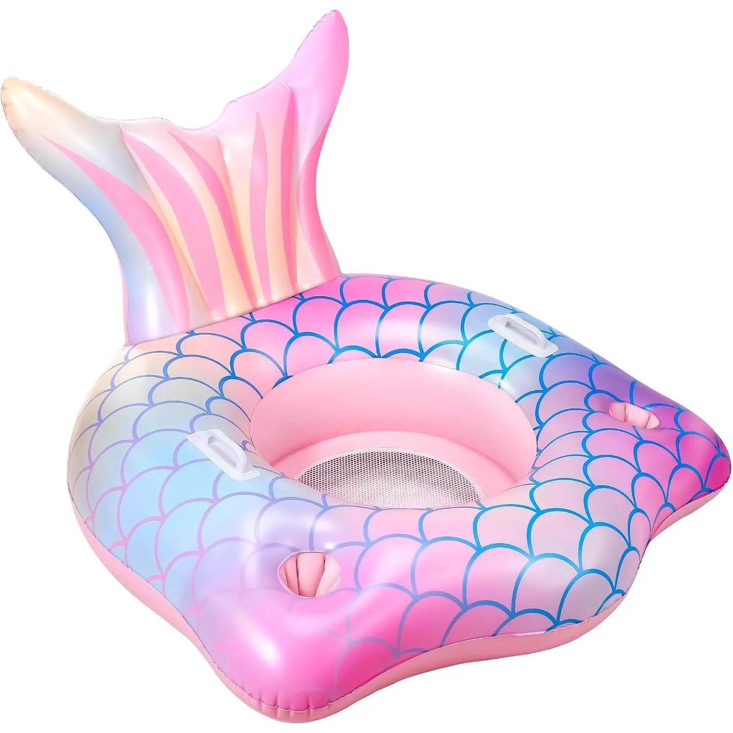 Premium Thick Mermaid Pool Float - 3-in-1 Inflatable Fish Scale Lounge Raft with 2 Heavy-Duty Handles, Cup Holders, Backrest, Mesh Bottom, 3-in-1 Inflatable Valve for Swimming, Water Fun, Beach Party (Kids & Adults), Birthday Gifts, Lightweight And Easy T