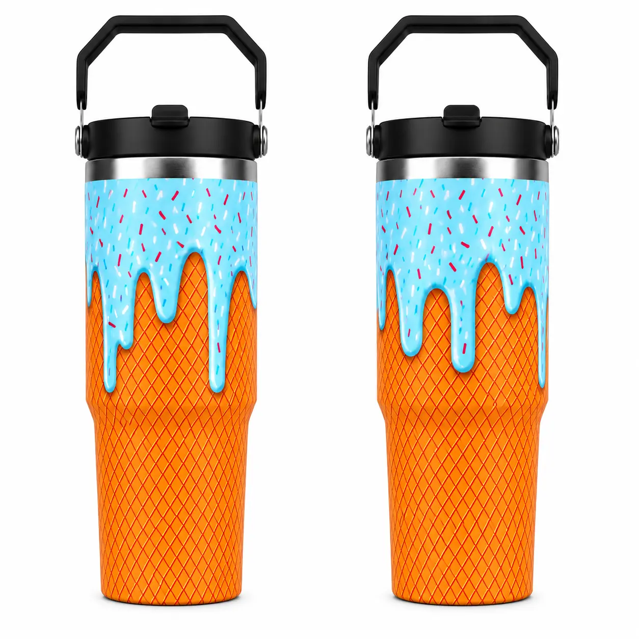 30oz Ice Cream Cone Tumbler with Handle and Lid, Stainless Steel Insulated Travel Mug, Colorful Dripping Frosting and Sprinkle Print Coffee Cup, Cute Summer Drinkware Gift