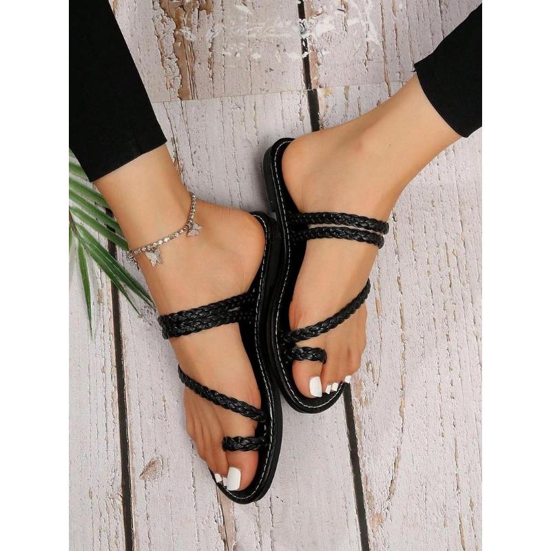 (New)Women's Fashionable Plain Color Ankle Strap Sandals, Casual Comfortable Flat Sandals for Beach Vacation, All-match Barefoot Shoes for Daily Wear, Summer
