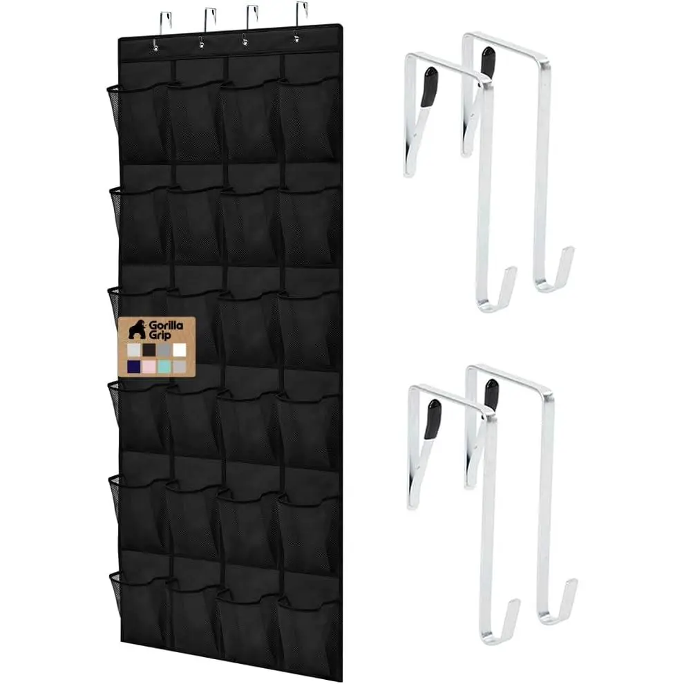 Door-Mounted Over the Door Shoe Organizer - Single Unit Home Supplies Cleaning and Organizing Storage, 24 Large Breathable Mesh Texture Pockets, Space-Saving Functional Hanging Holder (Holds Up to 40 lbs) for Shoes, Accessories, Black