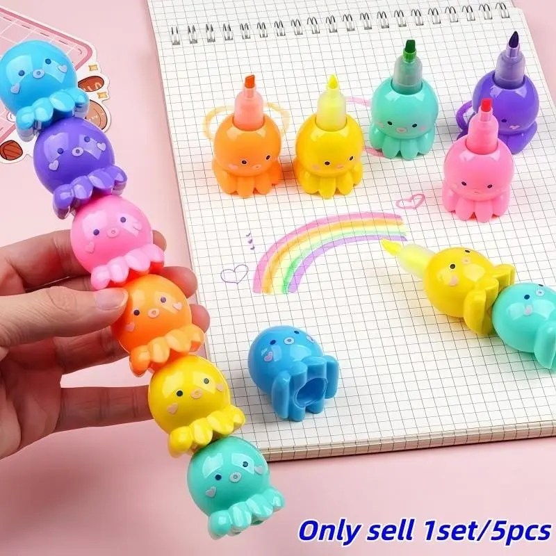 Cute Octopus Highlighter Set, Animal Design Pens, 5 Colors, Innovative Marking Tool, Fluorescent Art and Graffiti Pen, Educational and Professional Use, Gift Idea, Aesthetic Pens