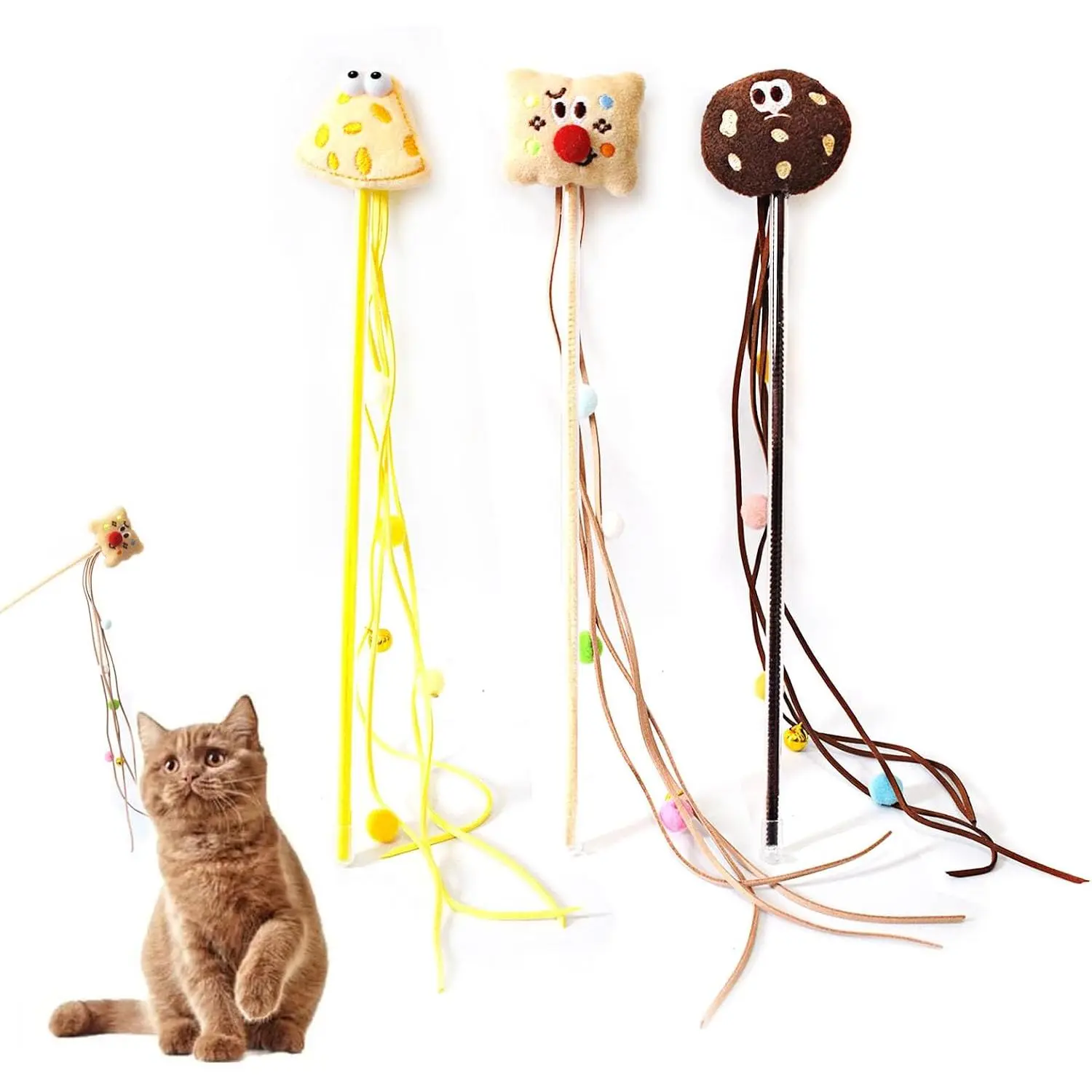 Wands for Indoor, Interactive Teasing Stick Plush Cheese & Toast with Tassel Balls Cute Kitten Wand Safe Kitty  for  Breed Size