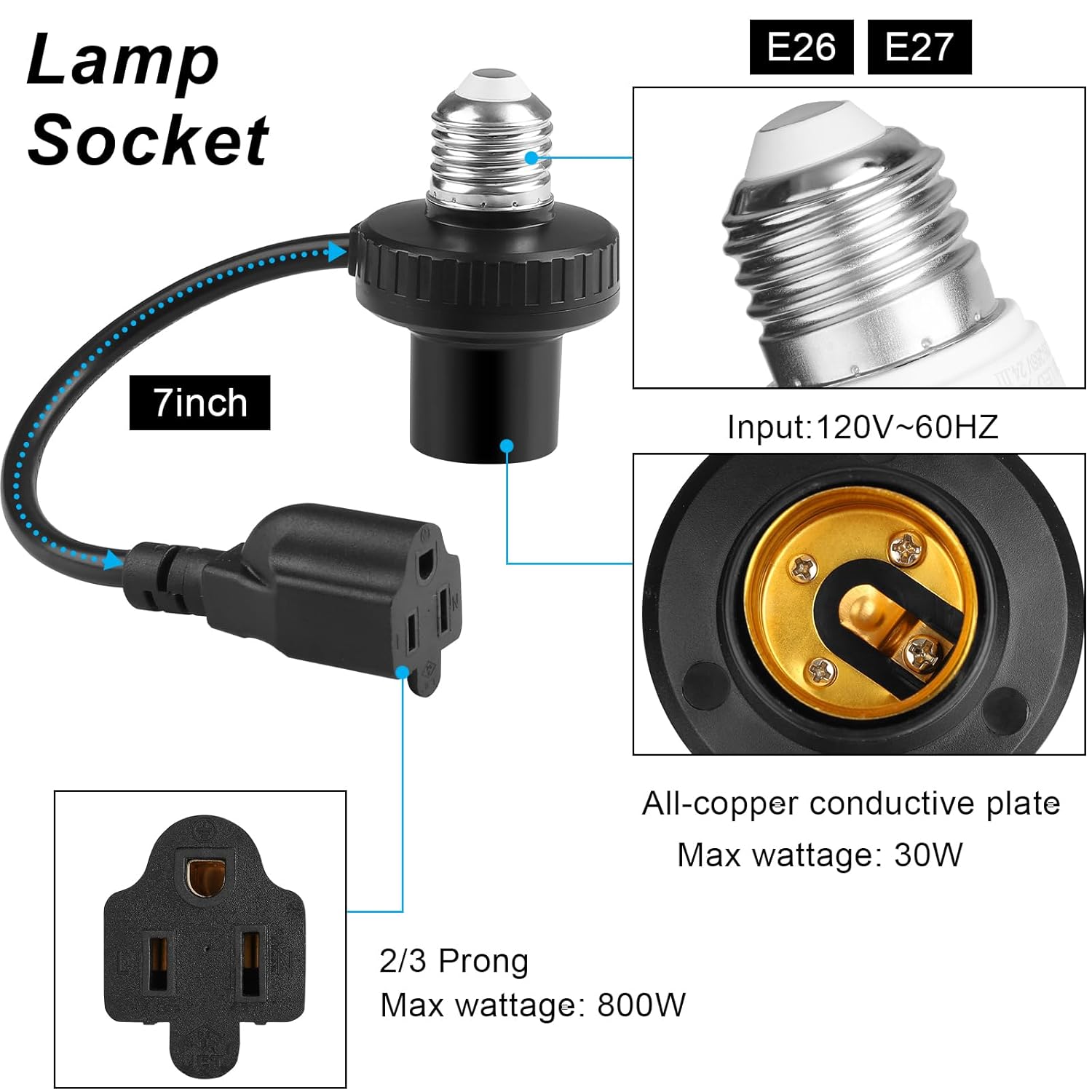 3 in 1 Light Socket Outlet Adapter, Support 3 Prong Light Bulb Socket, E26/E27 Light Socket to Plug Adapter with Extension Cord for Garage, Porch, Patio, CCTV Camera(Black) 3 in 1 Light Socket Outlet Adapter, Support 3 Prong Light Bulb Socket, E26/E27 Light Socket to Plug Adapter with Extension Cord for Garage, Porch, Patio, CCTV Camera(Black)