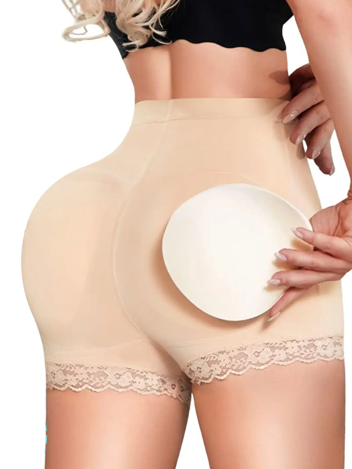 Women's Mid-High Waist Dual-Layer Shapewear Panties, Detachable Hip Pads, Lace Hem, Butt Lifting, All Seasons, Plain Pattern
