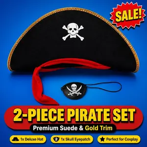 Two-Piece Set Gold Trimmed Medieval Pirate Hat and Eye Mask, Halloween Carnival Stage Performance, Various Festival Party Role Play