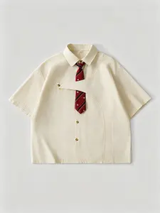 Unisex Beige Vertical Striped Deconstructed Short Sleeve Shirt with Complimentary Tie Neo-Preppy Asymmetric Curved Placket American Retro Classic Casual Top