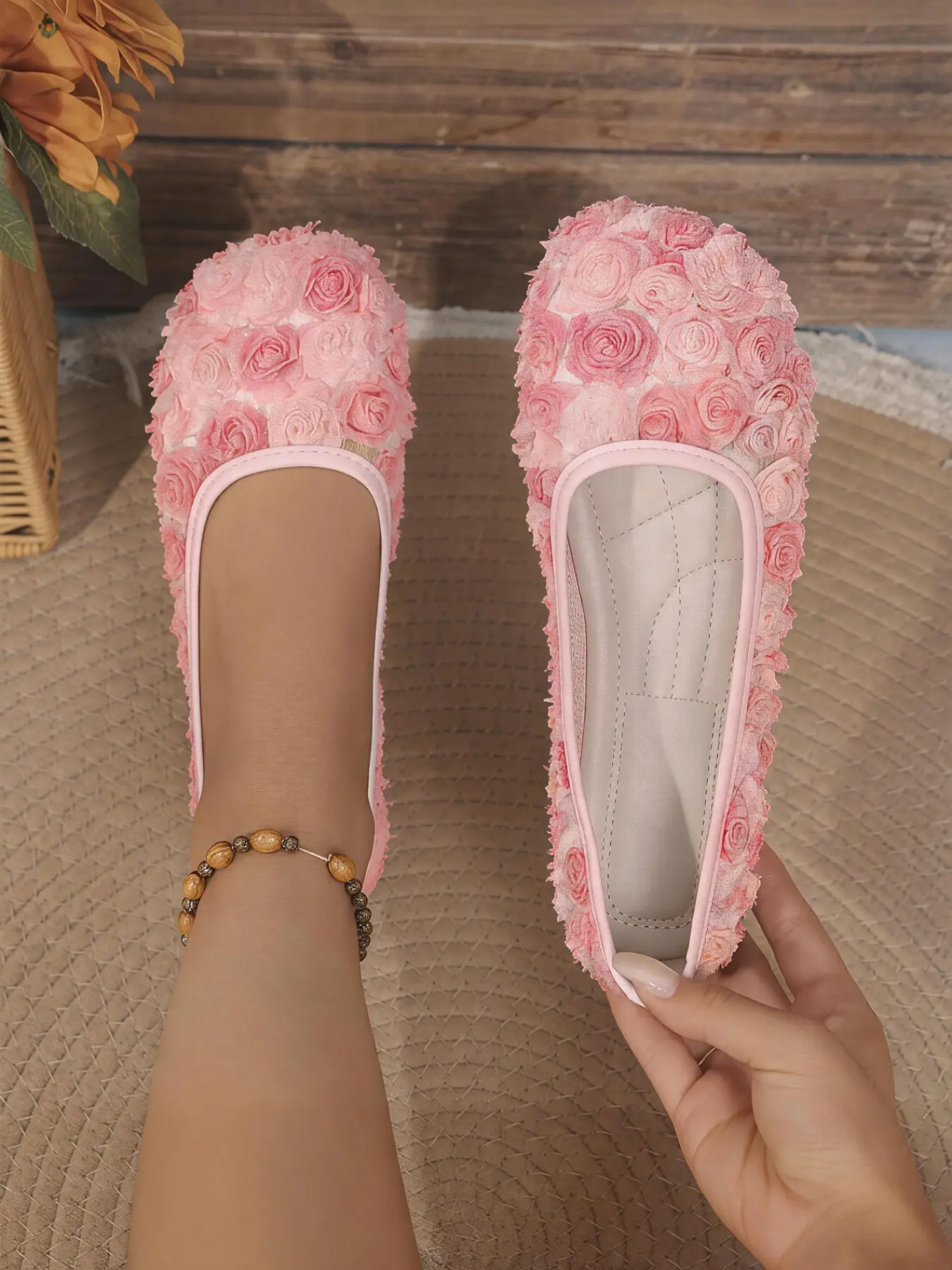 New Spring Summer Square Toe Rose Flower Ballet Flat Shoes for Women, Multi-Color Floral Soft Sole Casual Office Shoes, Fairy Style Comfortable Footwear, Ballerina Flats