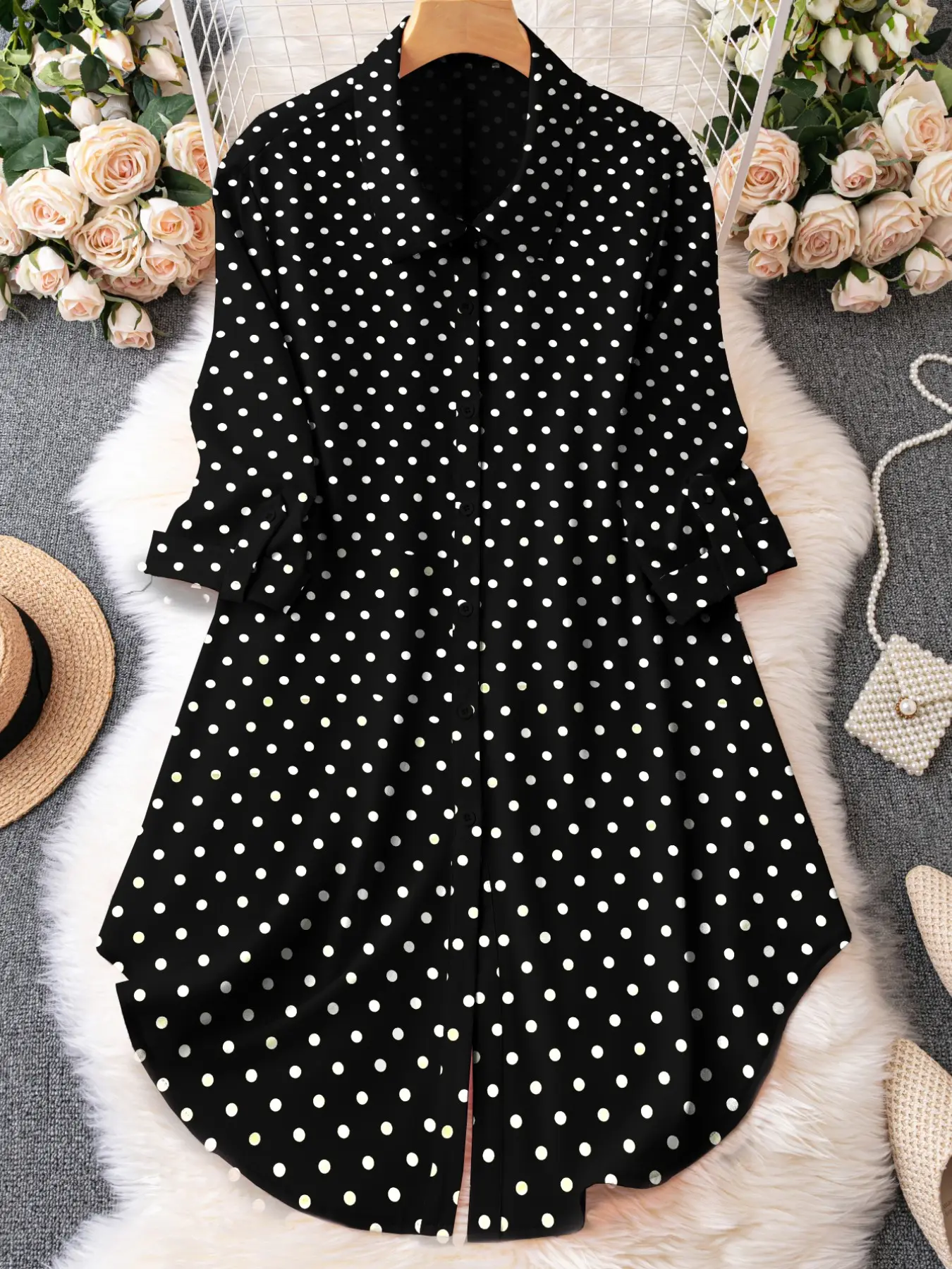 Plus Size Women's Lapel Collar Adjustable Rollable Hem Mid Sleeve Shirt Dress, Loose Fit, Conceals Fat, Casual Style, Office & Vacation Wear