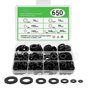 650-Pieces Nylon Flat Washer for Screws , 7 Sizes Black Plastic Washers  Kit (M3-M12),  Screw Washers Washer Set for Household & Commercial