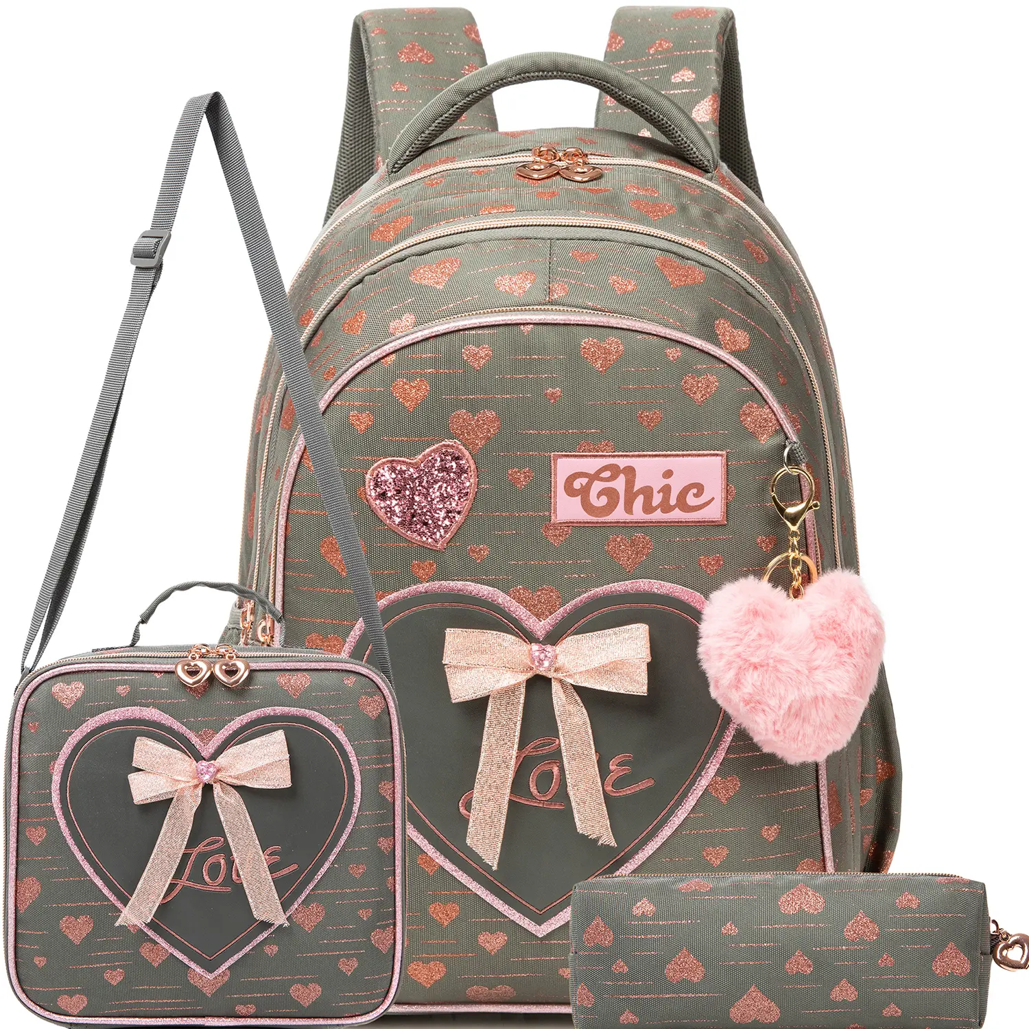Girls 3-Piece Back to School Backpack Set with Zipper Lunch Box & Pencil Pouch, Rose Gold Glitter Heart Bowknot School Bag, Chic "Love" Aesthetic 2026 Tweens Bookbag