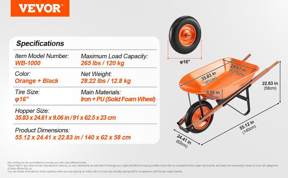 VEVOR Wheelbarrow Cart, 5 Cu. Ft. Load & 265 lbs Capacity, One Wheel Garden Dump Cart, Garden Wagon with Metal Handle & 16" Wide Track Wheels, Easy Loading Utility Yard Cart & Wagons for Lawn Farm VEVOR Wheelbarrow Cart, 5 Cu. Ft. Load & 265 lbs Capacity, One Wheel Garden Dump Cart, Garden Wagon with Metal Handle & 16" Wide Track Wheels, Easy Loading Utility Yard Cart & Wagons for Lawn Farm