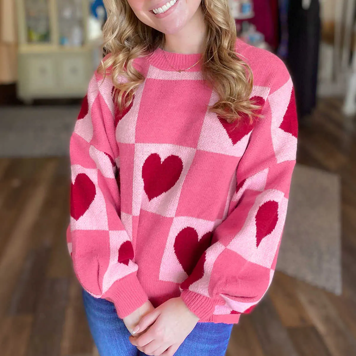 Women's Heart Checkered Pullover Sweater, Blush Pink Oversized Crew Neck Long Sleeve Soft Knitwear for Valentine's Day