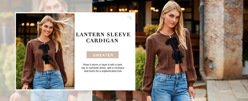 Saodimallsu Womens Cropped Cable Knit Cardigan Sweaters Long Sleeve Bow Tie Front Crew Neck Chunky Sweater Tops