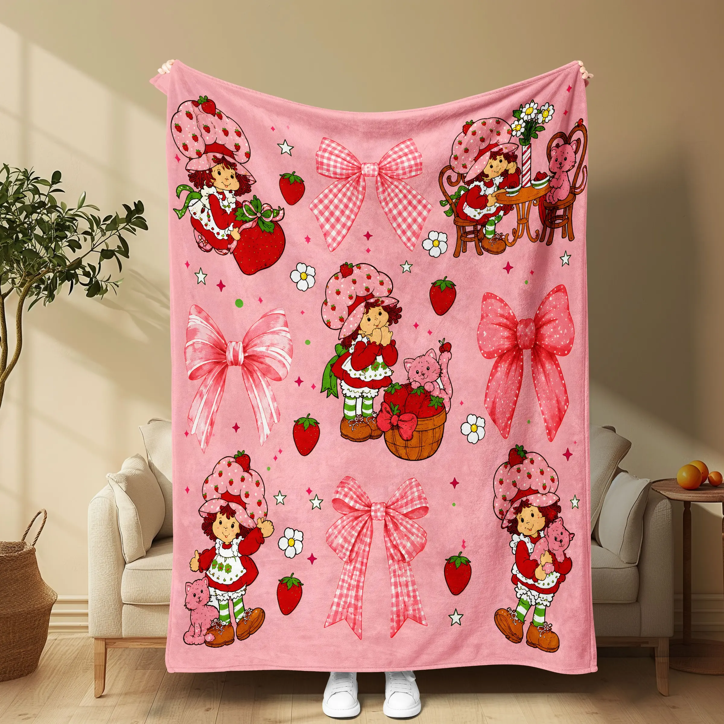 Sweet Peach Blanket with Butterfly Knots, Fresh Strawberries, Small Flowers, Stars, Flannel Material, Soft and Cozy, Ideal for Bedroom Use
