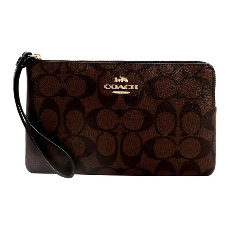 COACH Corner Zip 20 Small Handbag for Women – Canvas and Leather, Checkerboard Pattern, Black and Brown