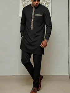 Men's Kaftan Set, Muslim Style Round Neck Long Sleeve Embroidered 2-Piece, Traditional Ethnic Pattern, Ideal for Weddings and Gifts
