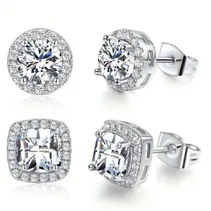 2 Pairs Classic Cubic Zirconia Ear Studs Set Round, Square 304L Stainless Steel Earrings For Wedding Bride Bridesmaid Holiday Birthday Party Festival Anniversary Valentine'S Day Mother'S Day Thanksgiving Gift