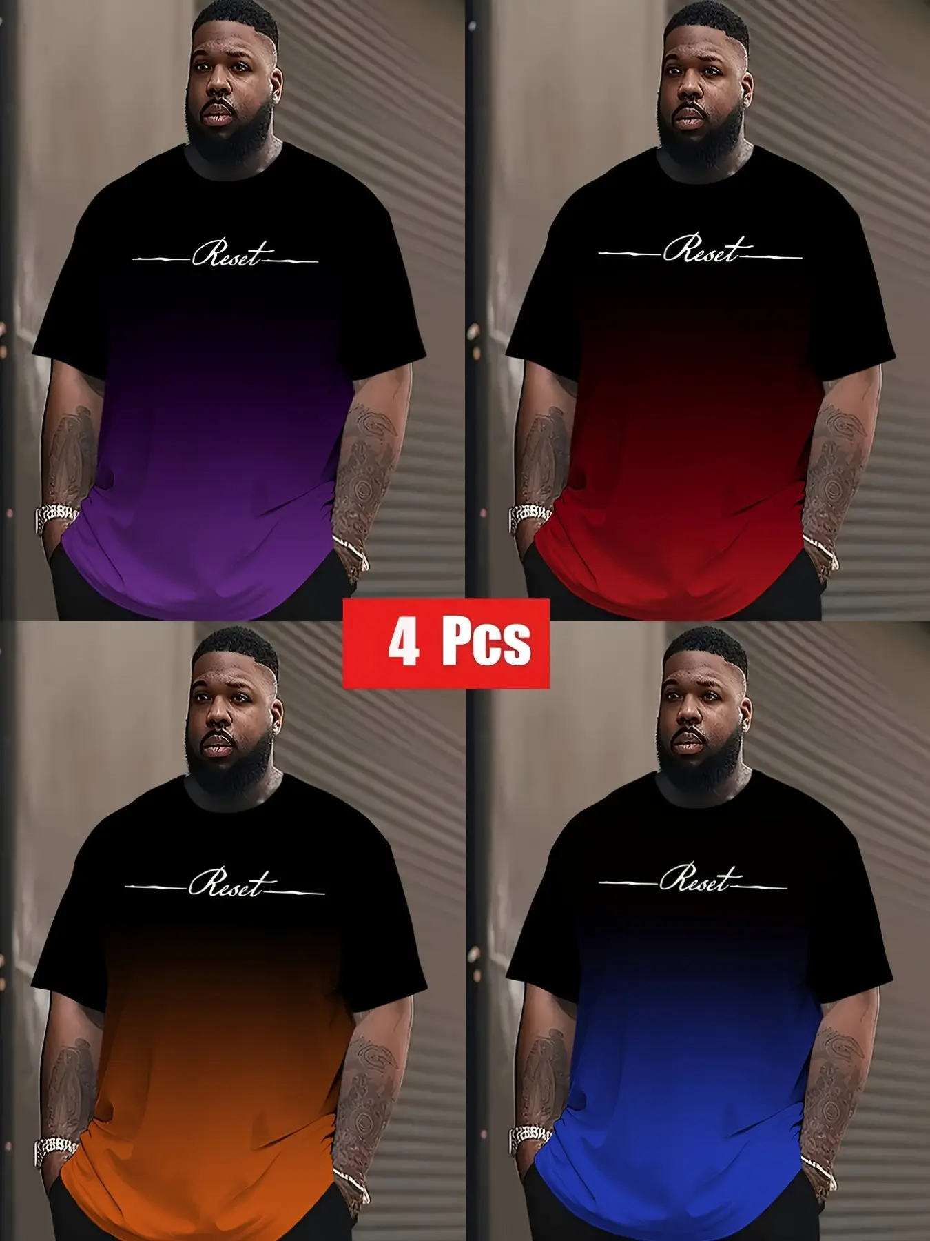4-Pack Men's Fashion Casual Streetwear Short Sleeve T-Shirts, Gradient Color Summer Round Neck Quick-Dry Breathable T-Shirts, All Seasons Wear, Prints