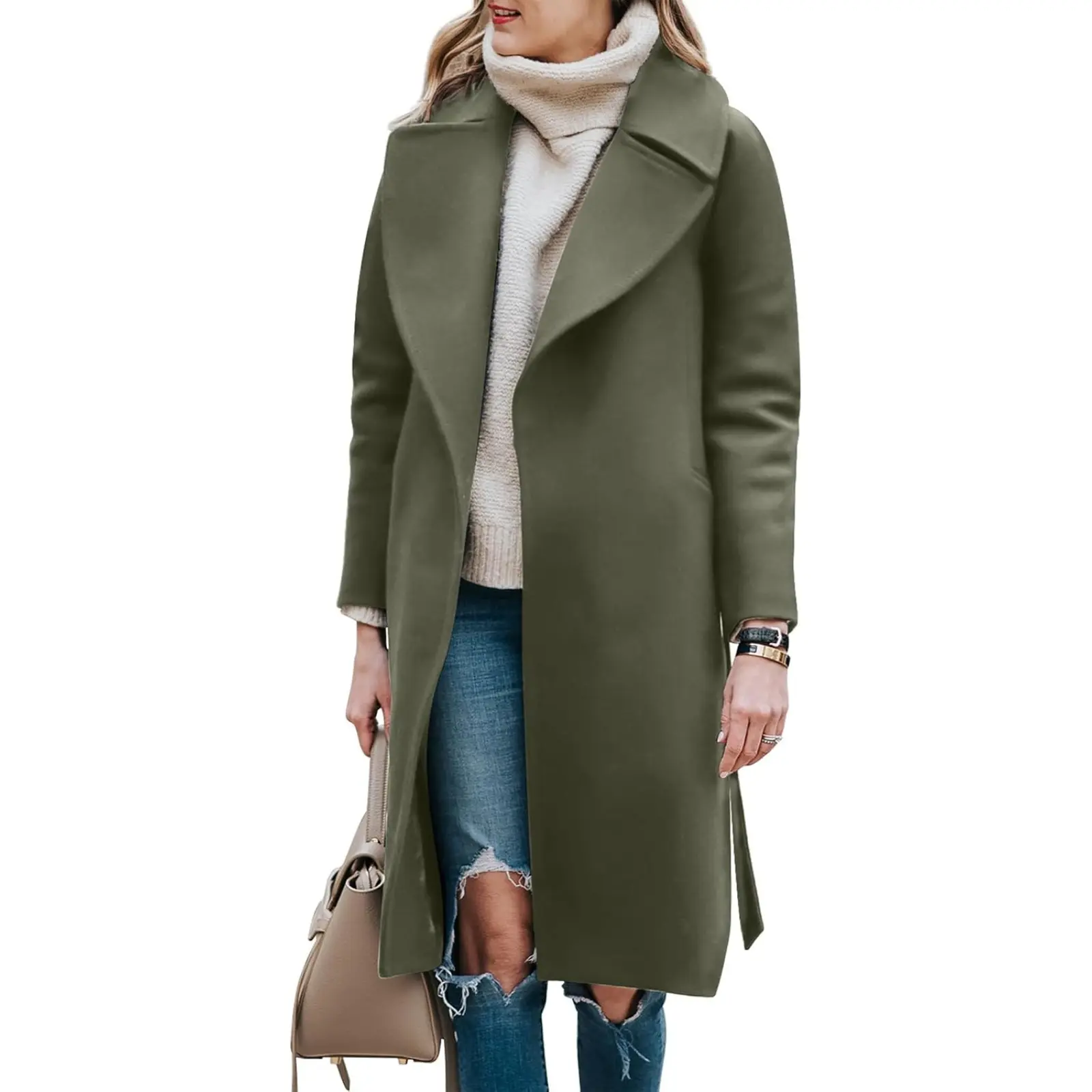 YOUSIFY Women's Wool Blend Trench Coat, Loose Casual V-Neck Long Sleeve Overcoat with Belt for Winter Holiday, Tops, Basic, Fashion, Hand Wash Only, Rayon Blend, Plain, Work