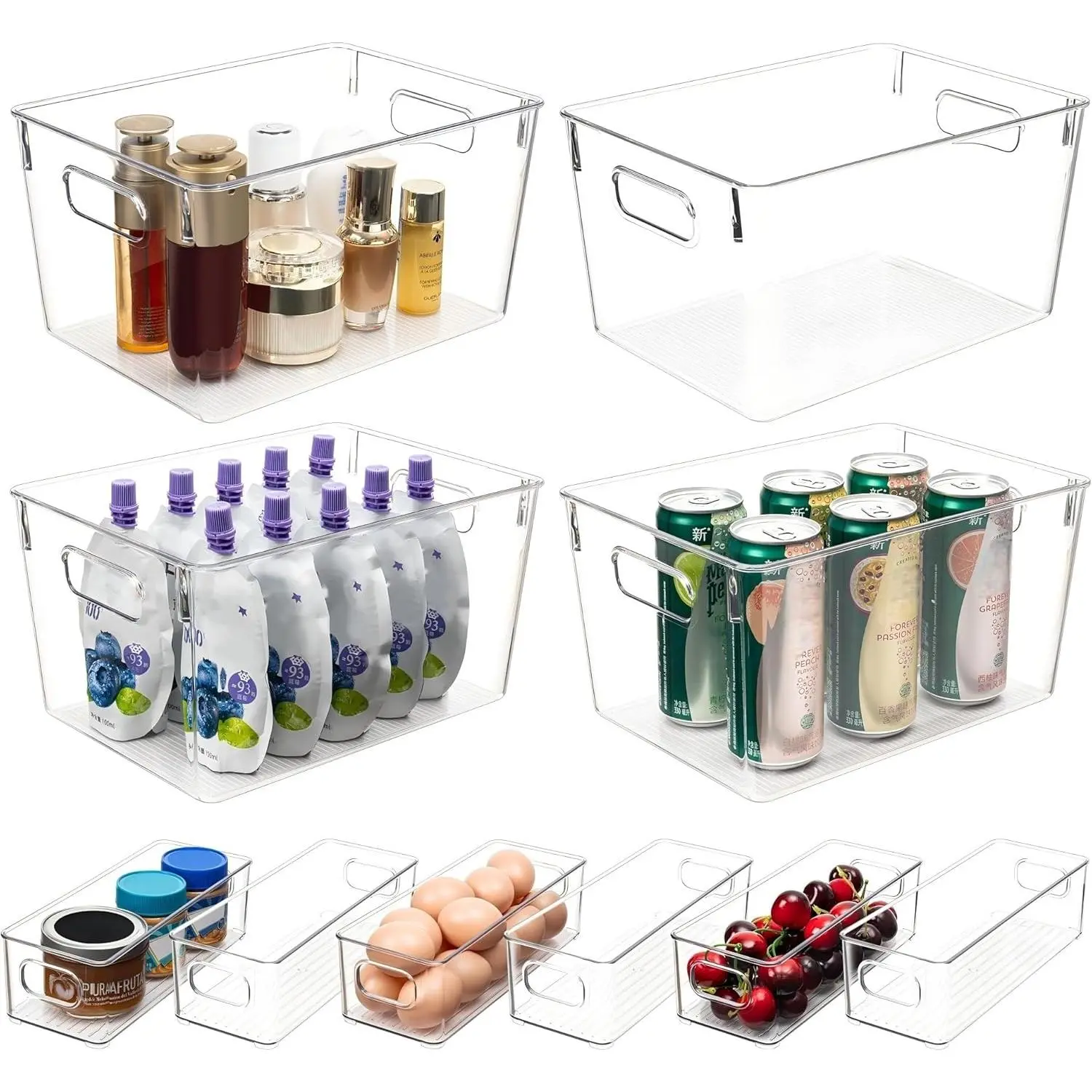 Set of 10 Clear Plastic Storage Bins, 4 Large and 6 Small Stackable Storage Containers for Pantry Organization, Organizer Bins for Home, Kitchen, Bathroom, Office, Cabinet Shelf Organizers
