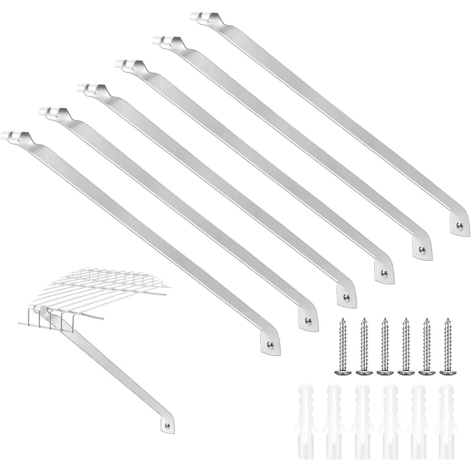 6 Pcs Wire Shelf Support Brackets for 16in Wide Shelving Closet Rod Bracket with Anchors and Pins for Installation