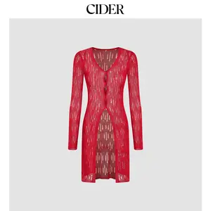 Cider [size 2-10] V-neck Solid Hollow Out See-through Knitted Cardigan