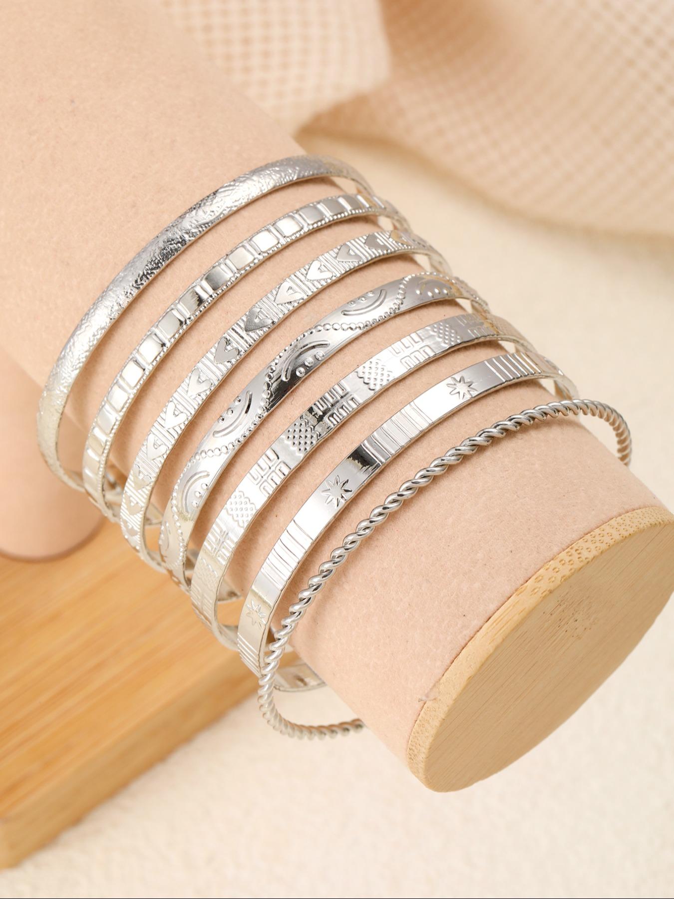 8 Pieces Hollow Floral and Bangle, Trendy Stack Bangle, Flower Design Bracelet, Bangle Bracelet Set, Elegant Women's Jewelry for All Seasons, Perfect Valentine's Day Gift