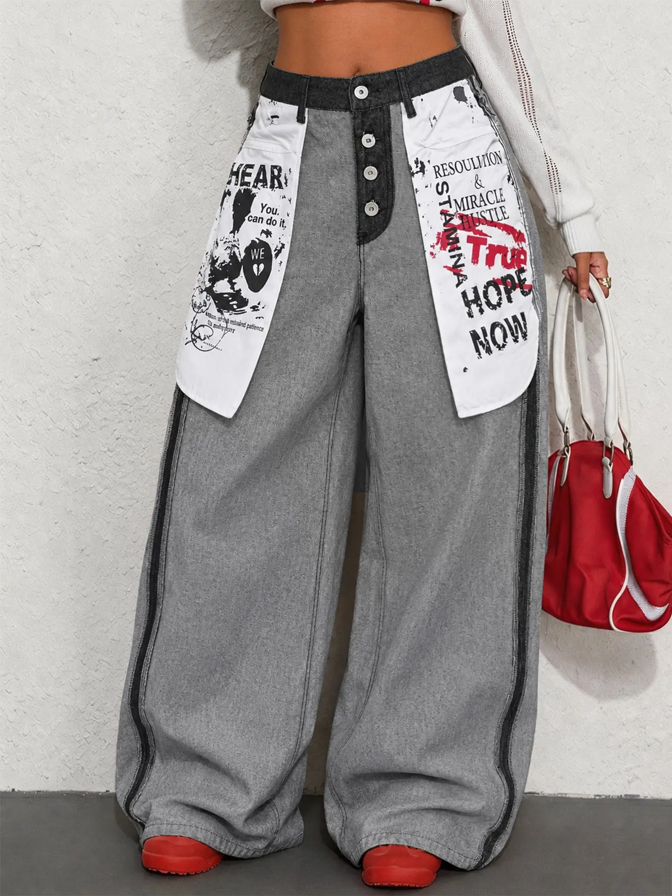 Women's Y2K Street Style Patchwork Letter Print Wide Leg Jeans, Graphic Print Jeans, High Waist Multi-Button Design, Flowy Floor-Length Pants, All Seasons
