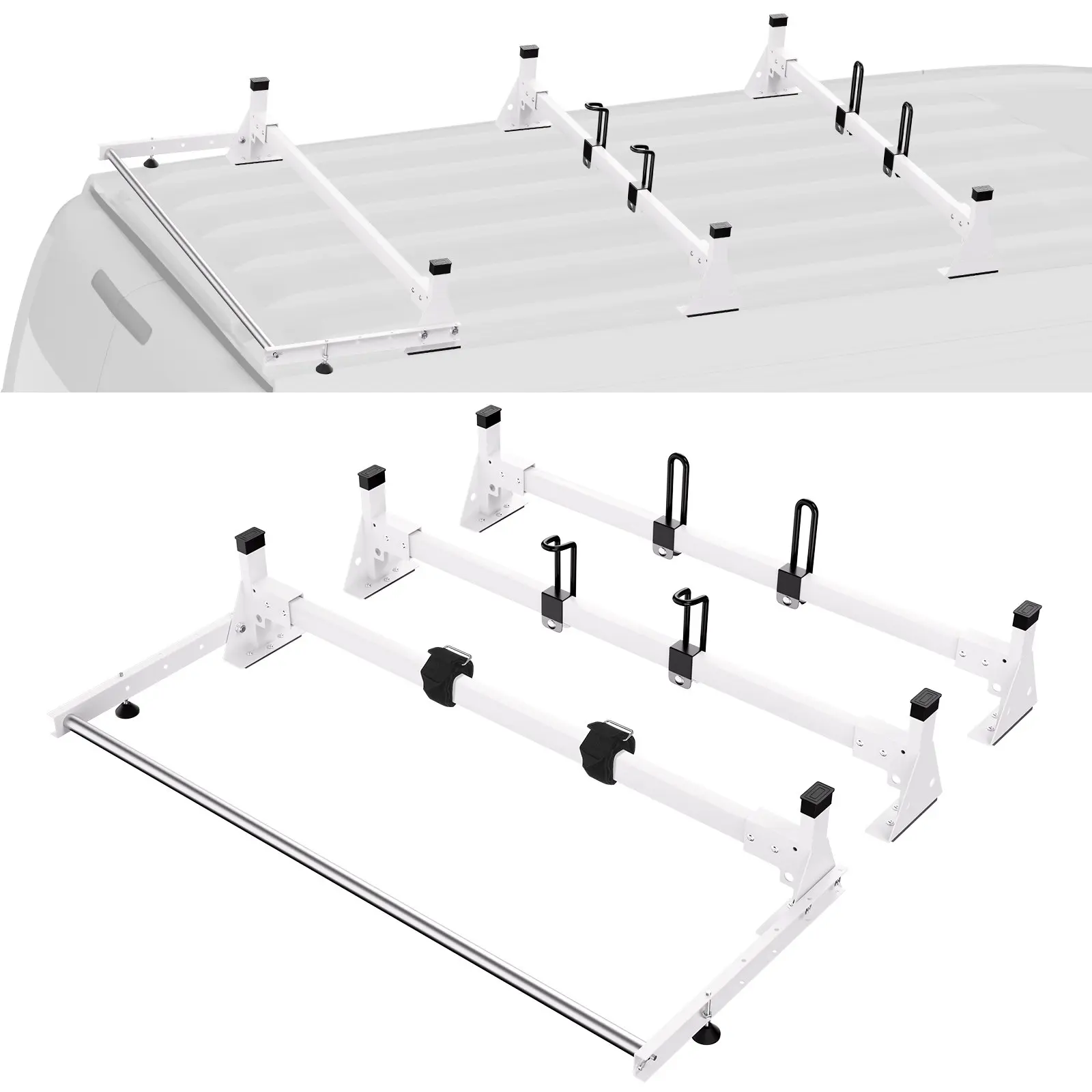 【DealsForYouDays】VEVOR Trailer Ladder Rack, 54" 3 Crossbars Ladder Roof Rack, Heavy-duty Steel Van Roof Rack, 800 lbs Capacity Van Ladder Rack with Cargo Roller and Straps, Fit for Ford Transit 150 250 350, 2015-2022