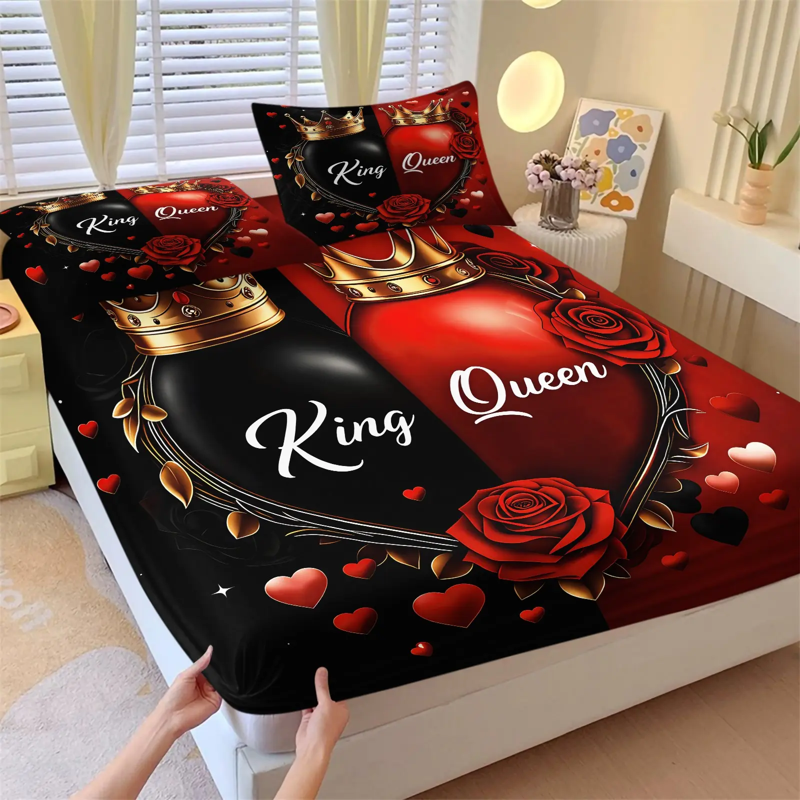 3Pcs King Multiple Couple Crown Heart Fitted Sheet Set Deep Pocket Soft Microfiber Romantic Rose Pattern Mattress Cover Set Luxury Matching Bedding For Couple Bedroom Anniversary Home Decor King Size Sheets