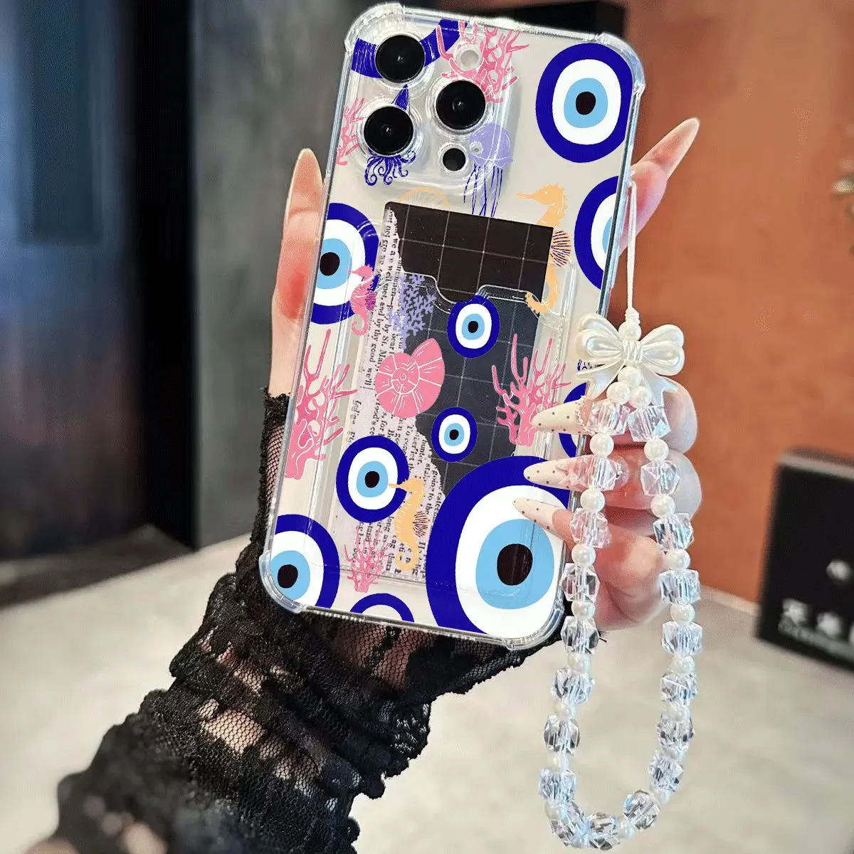 Underwater Evil Eye Seahorse Phone Case Y2K Aesthetic Shockproof Cover with Card Slot Beaded Charm Strap for iPhone11-17promax Compatible IPhone11/12/13/14/15/ Promax16/16Promax/16pro/16p