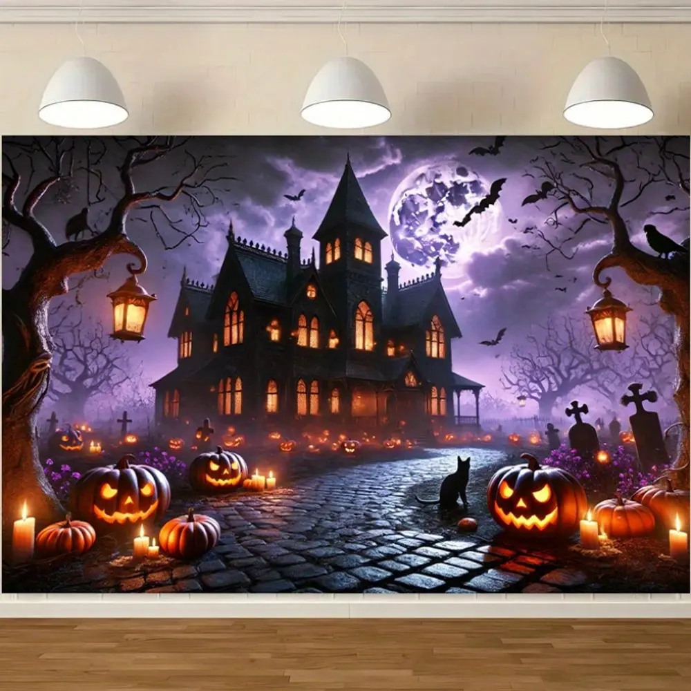2D Flat Halloween Haunted House Pumpkin Theme Polyester Photography Backdrop, HD Print Soft Lightweight Foldable Cloth Photo Background, Suitable for Halloween Events, Party Photos