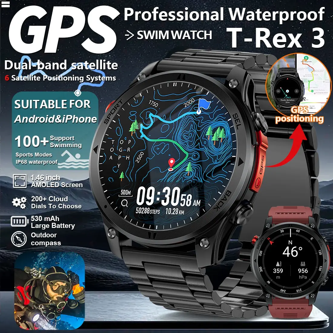 RollsTimi 2026 new outdoor GPS sports smart watch with compass, support for wireless calls, voice assistant, 100+ sports modes, equipped with 1.46-inch HD full touch screen, fitness tracker, ideal gift for fitness enthusiasts, men's smart watch