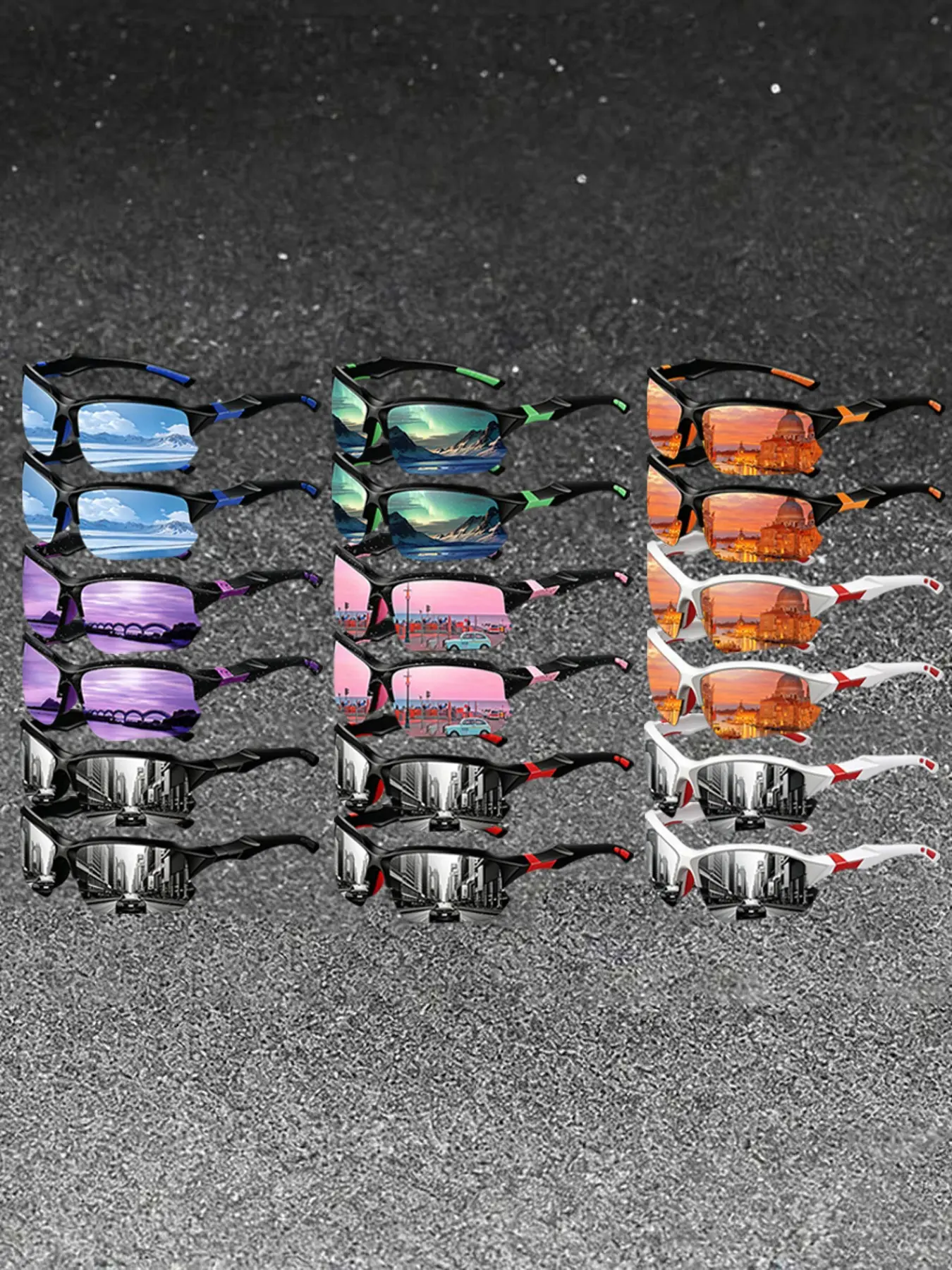 18pcs latest model clashing colors semi-frame glasses,suitable for both men and women，provide multiple color options.perfectly combining fashion design with practicality,It is an excellent choice for outdoor travel