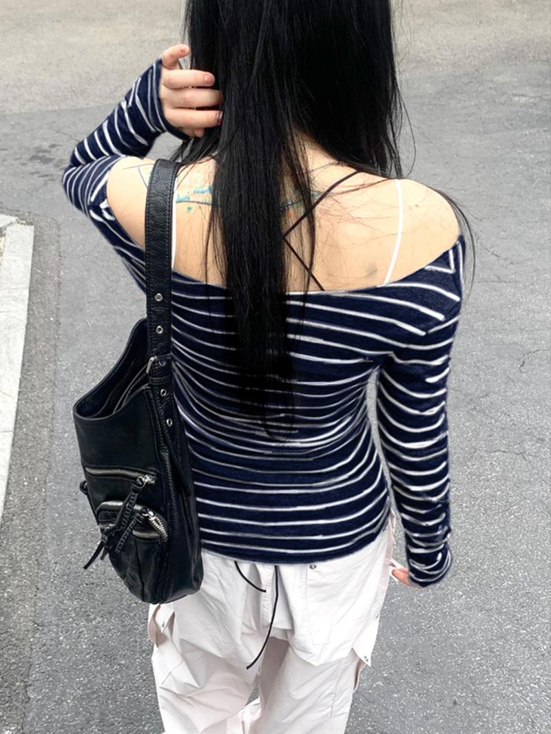 Women's Striped Print Off Shoulder Tee, Casual Chic Long Sleeve T-shirt for Daily Wear, Ladies Clothes for All Seasons