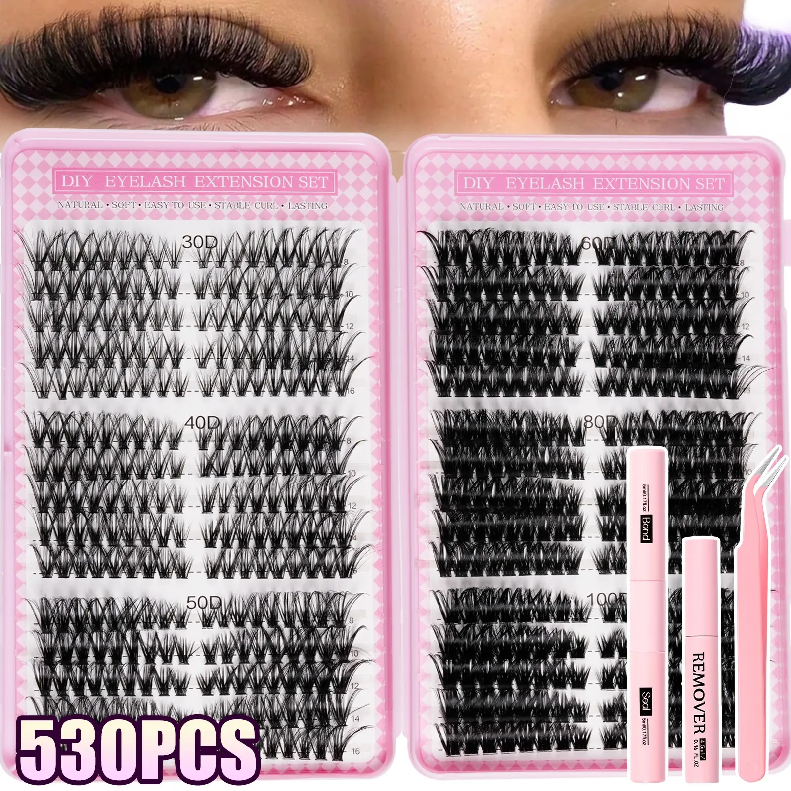 600 Pcs Eyelash Extension Kit with Glue, Tweezers and Remover Cream, Mixed 8–16 mm Lengths, Curl Lashes, Large-Capacity Beginner-Friendly DIY Eyelash Extension Set for Home Use, Diy Lash Cluster, Includes Lash Tools