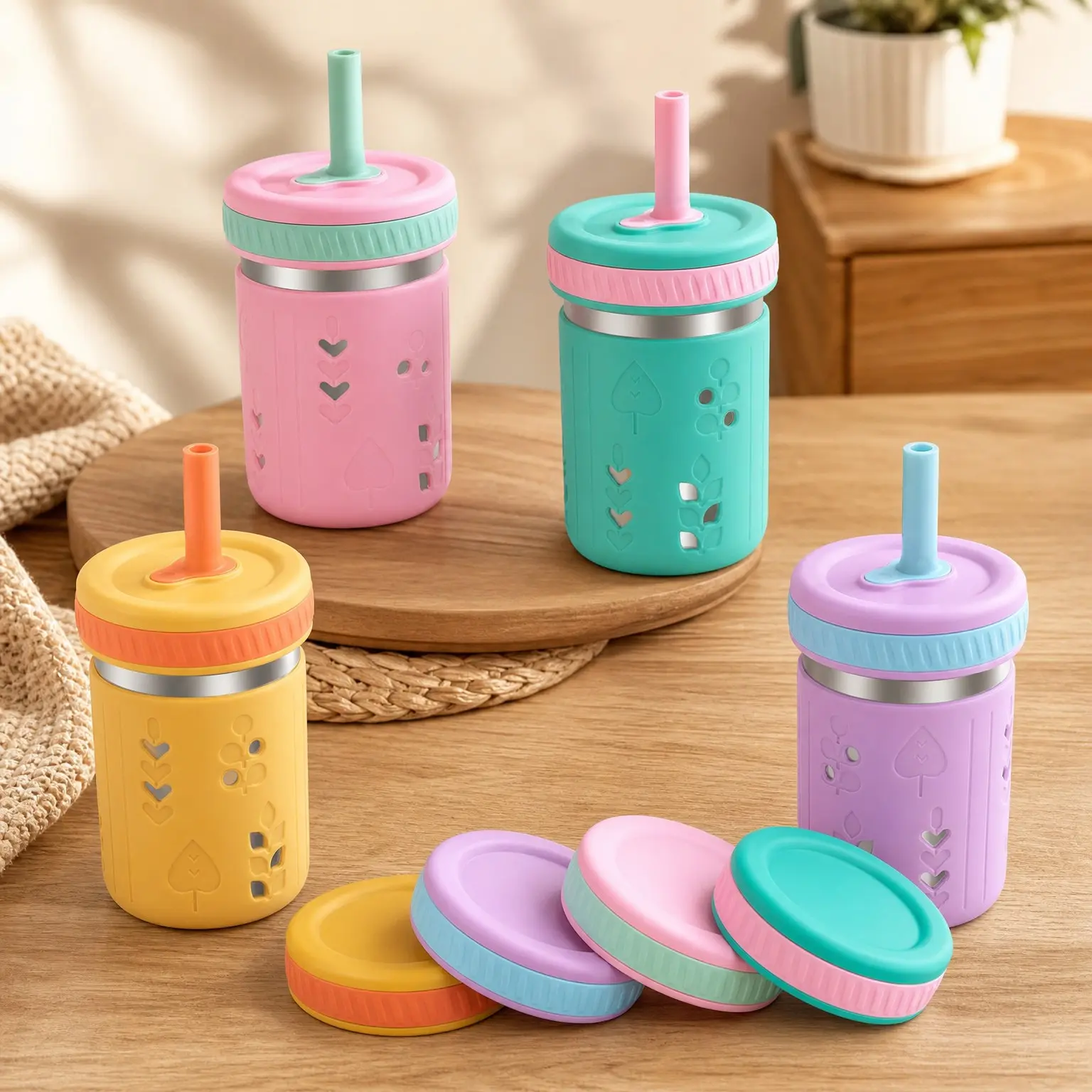4-Pack 10 oz 2-in-1 Stainless Steel Kids Tumblers with Silicone Sleeves, Spill-Resistant Flexible Straws & Storage Lids, BPA-Free Smoothie and Snack Cups, Dishwasher Safe(Gift)