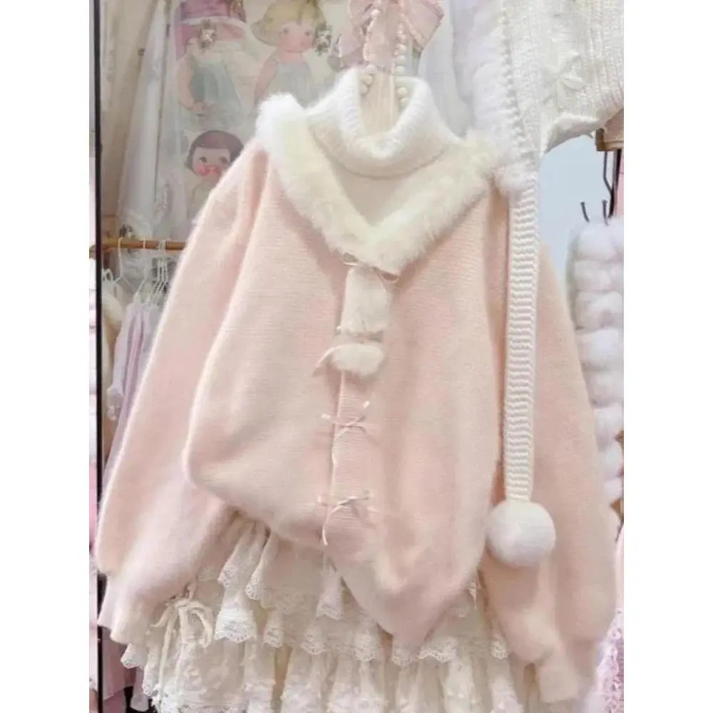 Autumn Winter Sweet Kawaii Peter Pan Collar Patchwork Sweater Women Japanese Fashion Vintage Knit Tops Y2k Cute Bow Pullover