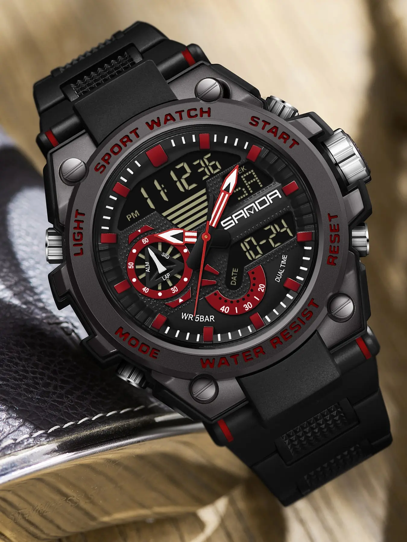 Sanda 3302 Men's Outdoor Sports Watch, Dual Display, 50m Waterproof, Night Glow, Shockproof Stopwatch Alarm, Tpu Strap, Youth Fashion Quartz Watch